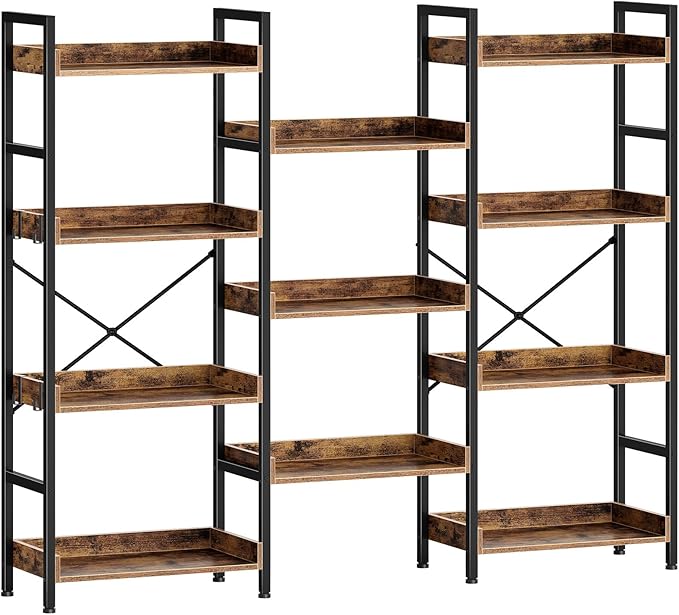 Bookshelf 4 Tiers with 4 Hooks, Triple Bookcase with Open Display Shelves