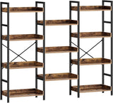 Bookshelf 4 Tiers with 4 Hooks, Triple Bookcase with Open Display Shelves