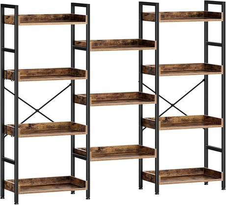 Bookshelf 4 Tiers with 4 Hooks, Triple Bookcase with Open Display Shelves