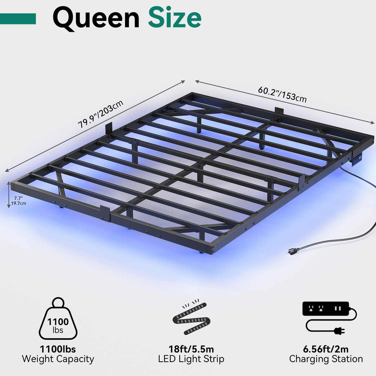 Queen Size Floating Bed Frame with RGB LED Lights and Built-in Charging Ports