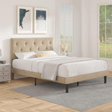 Queen Size Platform Bed Frame with Fabric Headboard, Strong Wooden Slats,