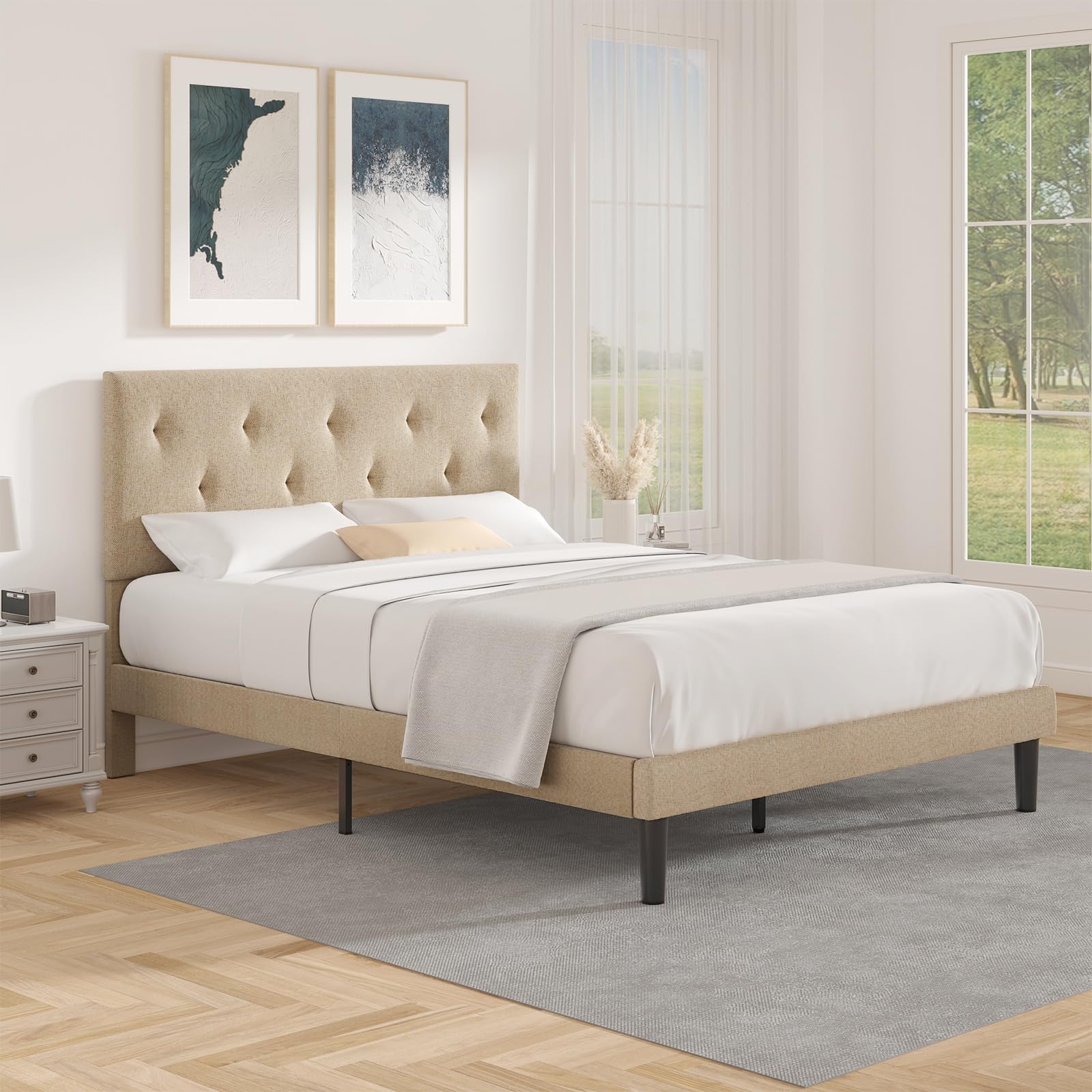 Queen Size Platform Bed Frame with Fabric Headboard, Strong Wooden Slats,