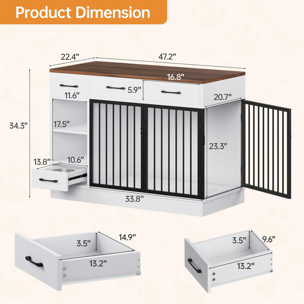 Large Dog Crate Furniture with Storage Drawers - 47.2 Inch Wooden Kennel