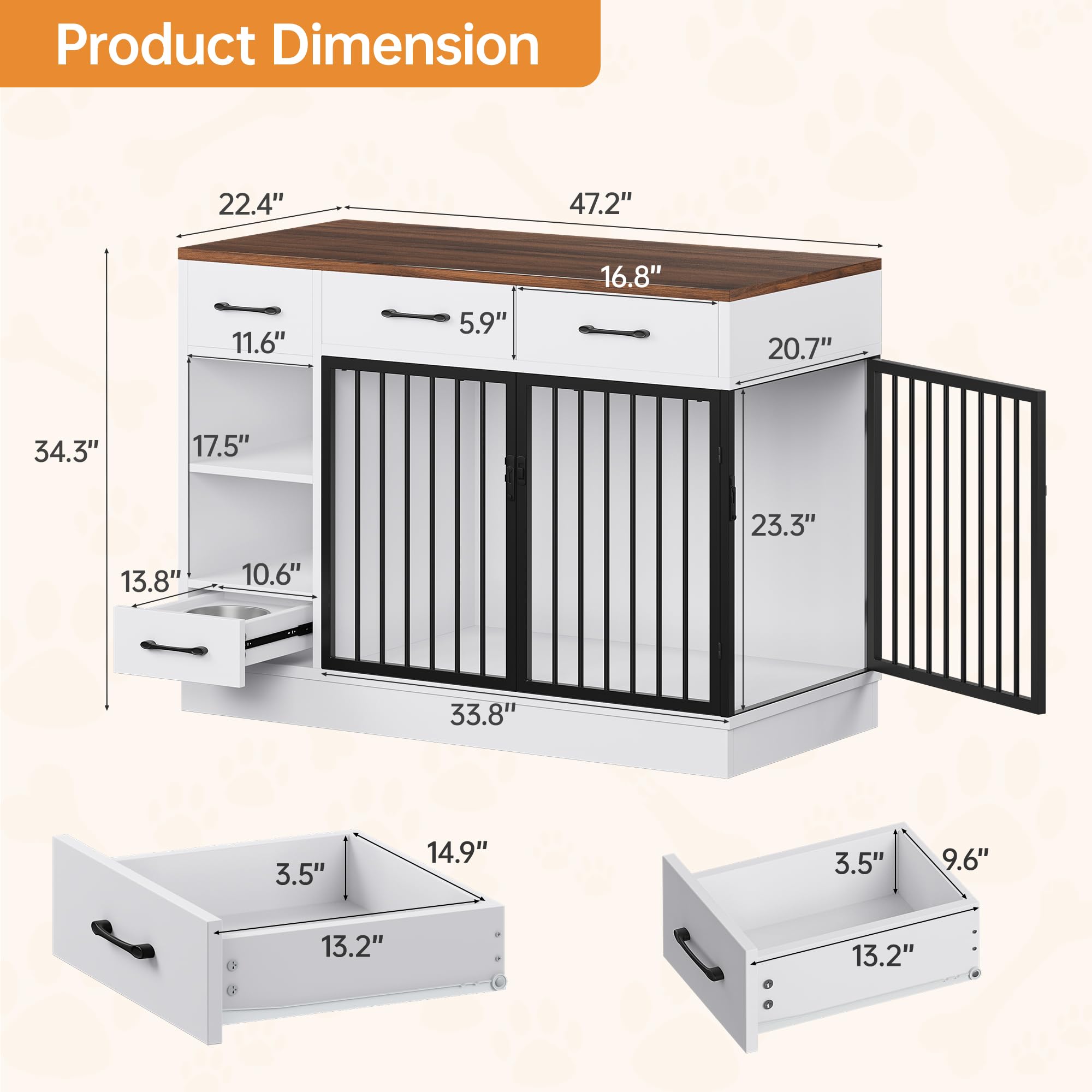Large Dog Crate Furniture with Storage Drawers - 47.2 Inch Wooden Kennel