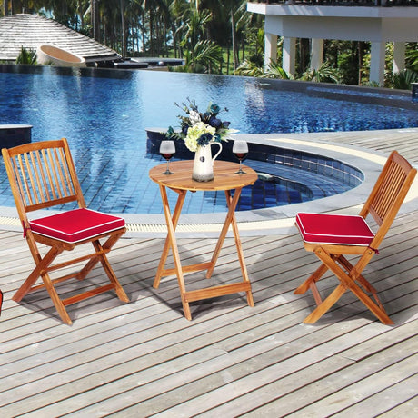 3 Pieces Folding Acacia Wood Bistro Set, Patio Furniture Set with Cushions & 1 Round Table