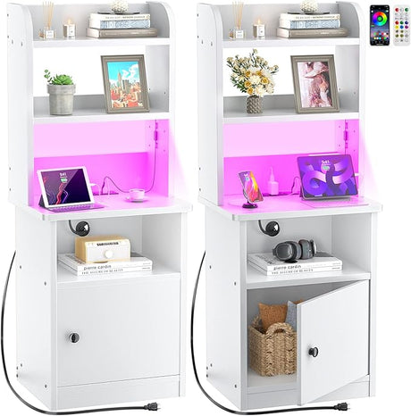 Tall Nightstands Set of 2 with Charging Station and LED Lights - 47" Tall Bedside Table