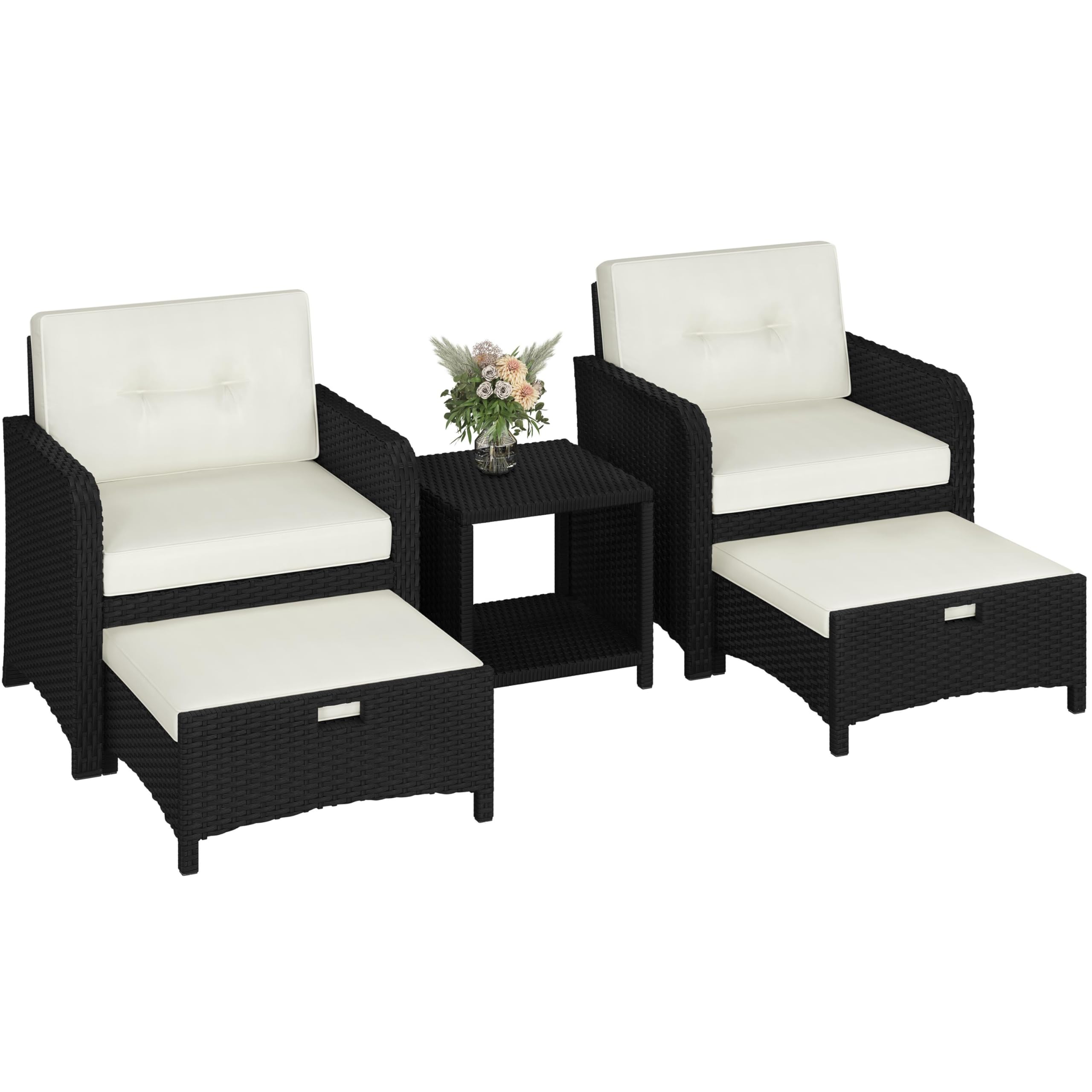 5 Piece Patio Conversation Set with Ottomans, PE Wicker Balcony Furniture