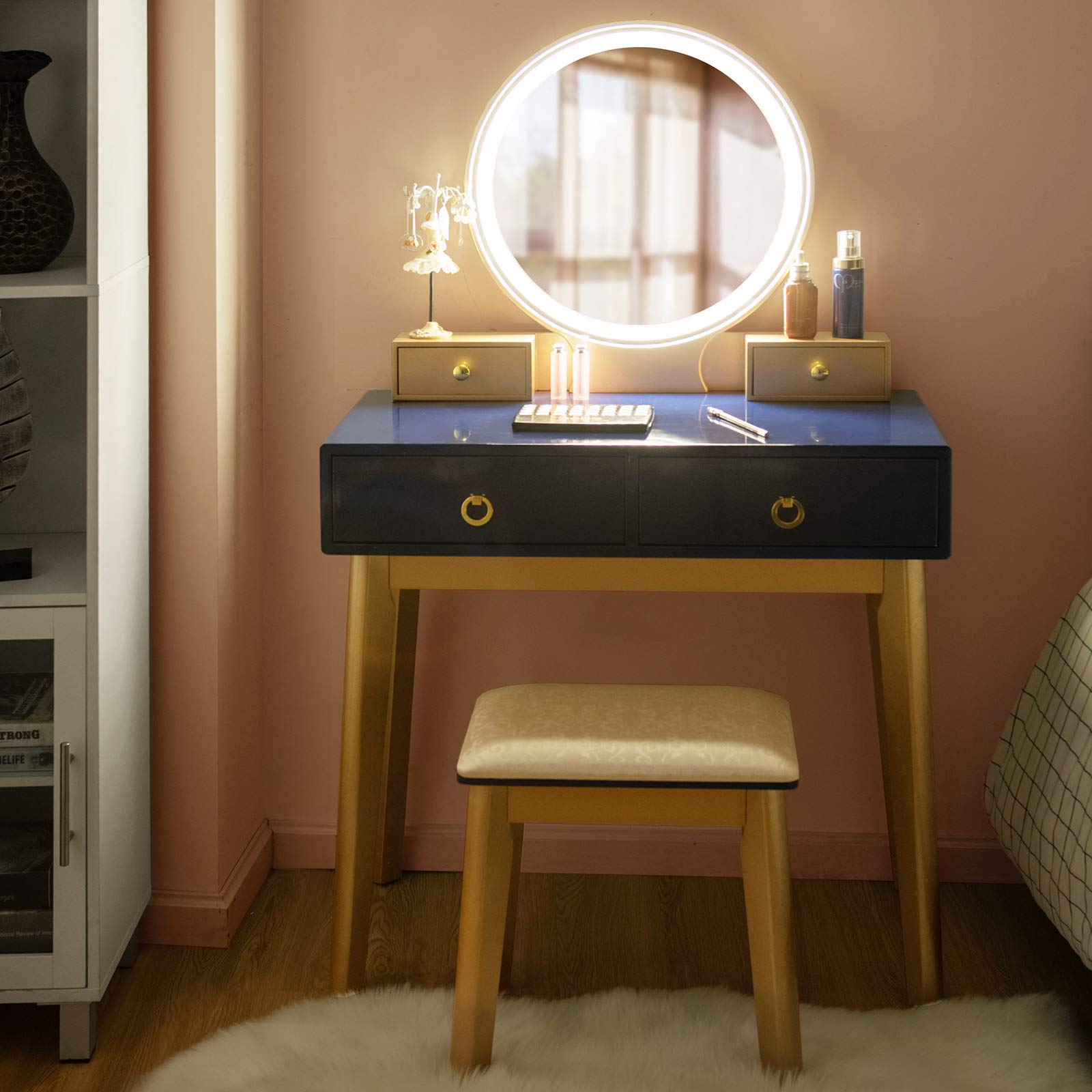 Vanity Table Set with LED Lighted Mirror, Makeup Dressing Table Set with 3 Color Lighting