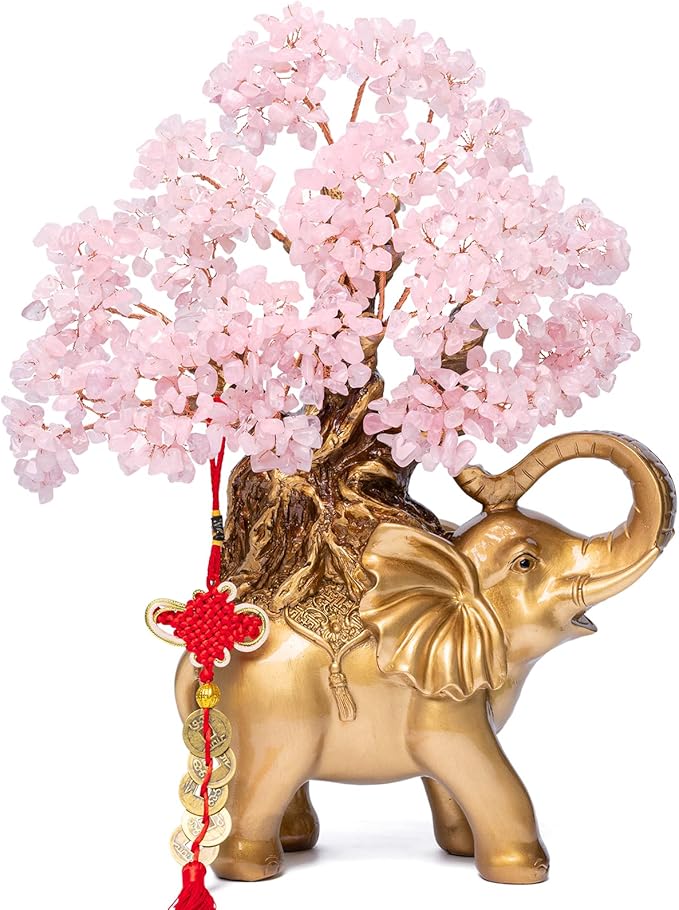 7 Chakra Crystal Money Tree on Gold Elephant Statue, 17”Large Gemstone Bonsai Tree