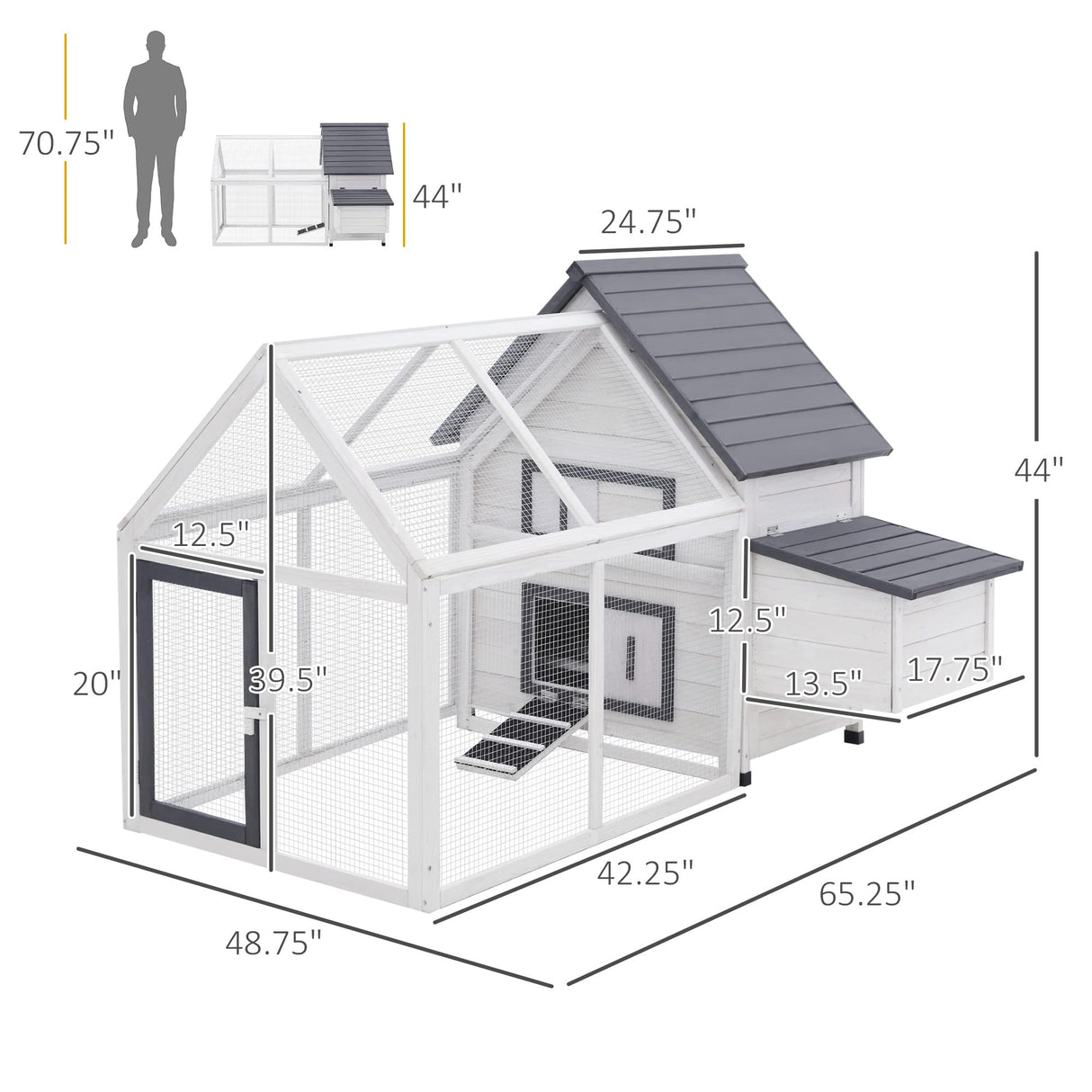 65" Chicken Coop Wooden with Detachable Run, Outdoor Chicken House Poultry
