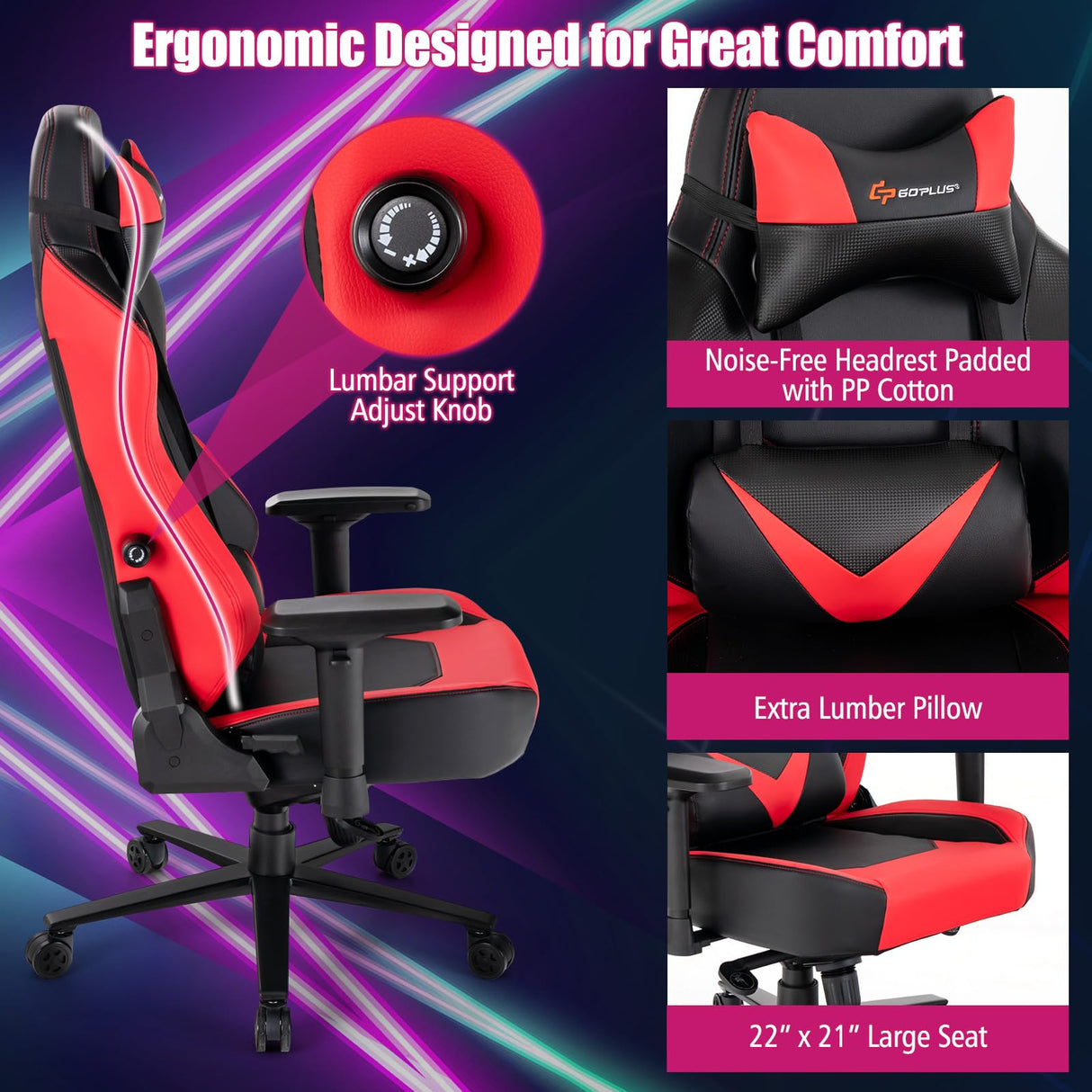 360° Swivel Gaming Chair with 4D Armrest & Multi-Angle Reclining - Red