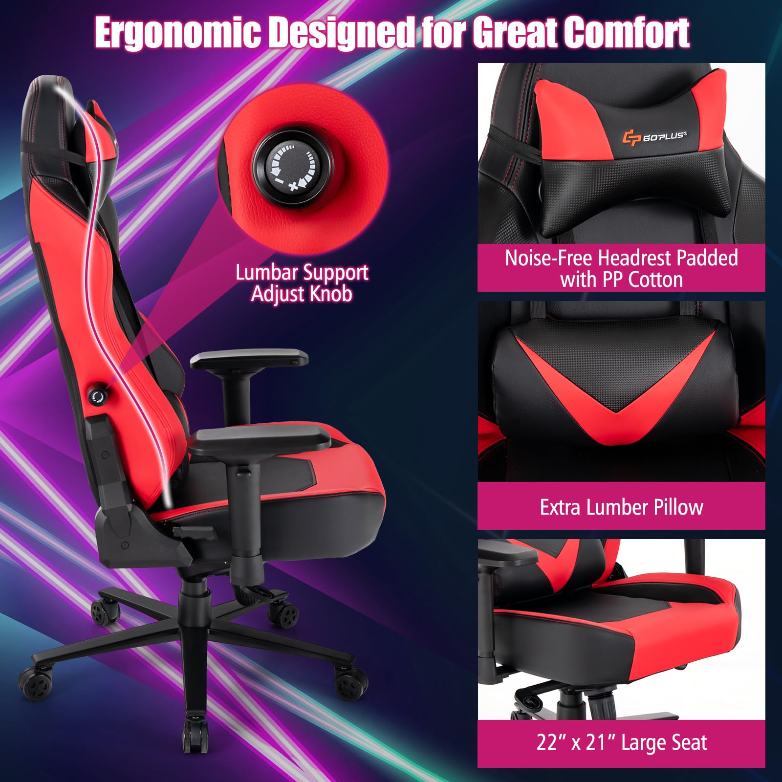 360° Swivel Gaming Chair with 4D Armrest & Multi-Angle Reclining - Red