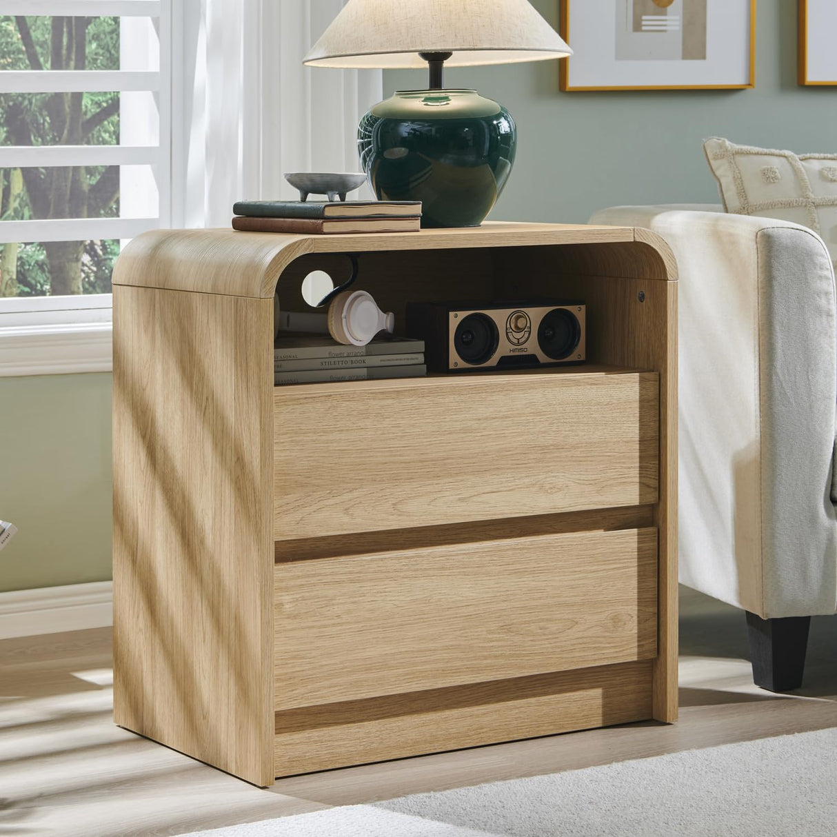 25" Tall Modern Nightstand with Charging Station, 23.6'' Wide Wood Bedside Table w/2