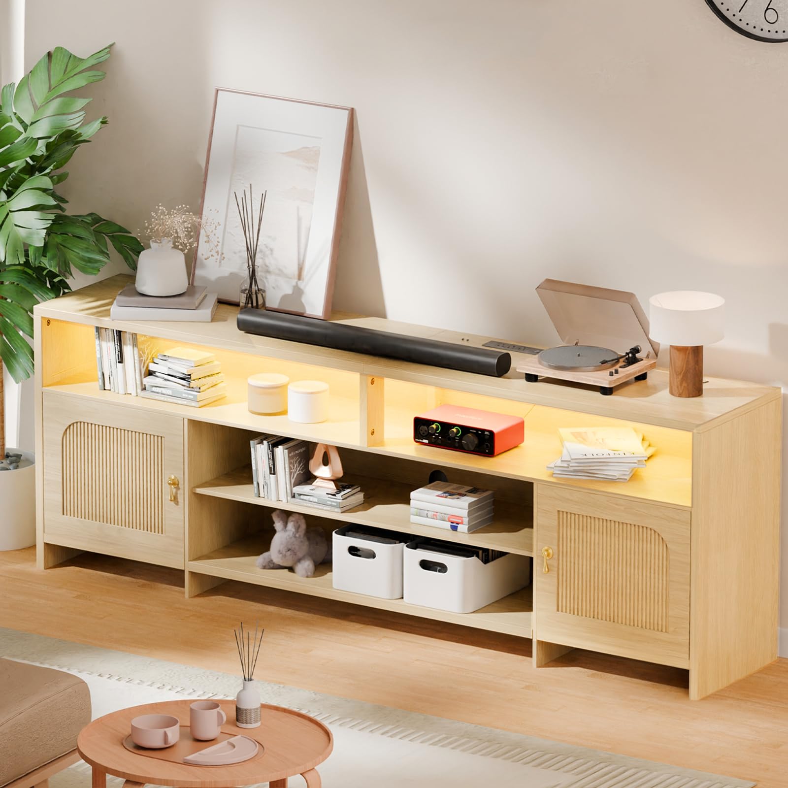 Fluted TV Stand for 70-85 Inch TV with LED Lights & Storage