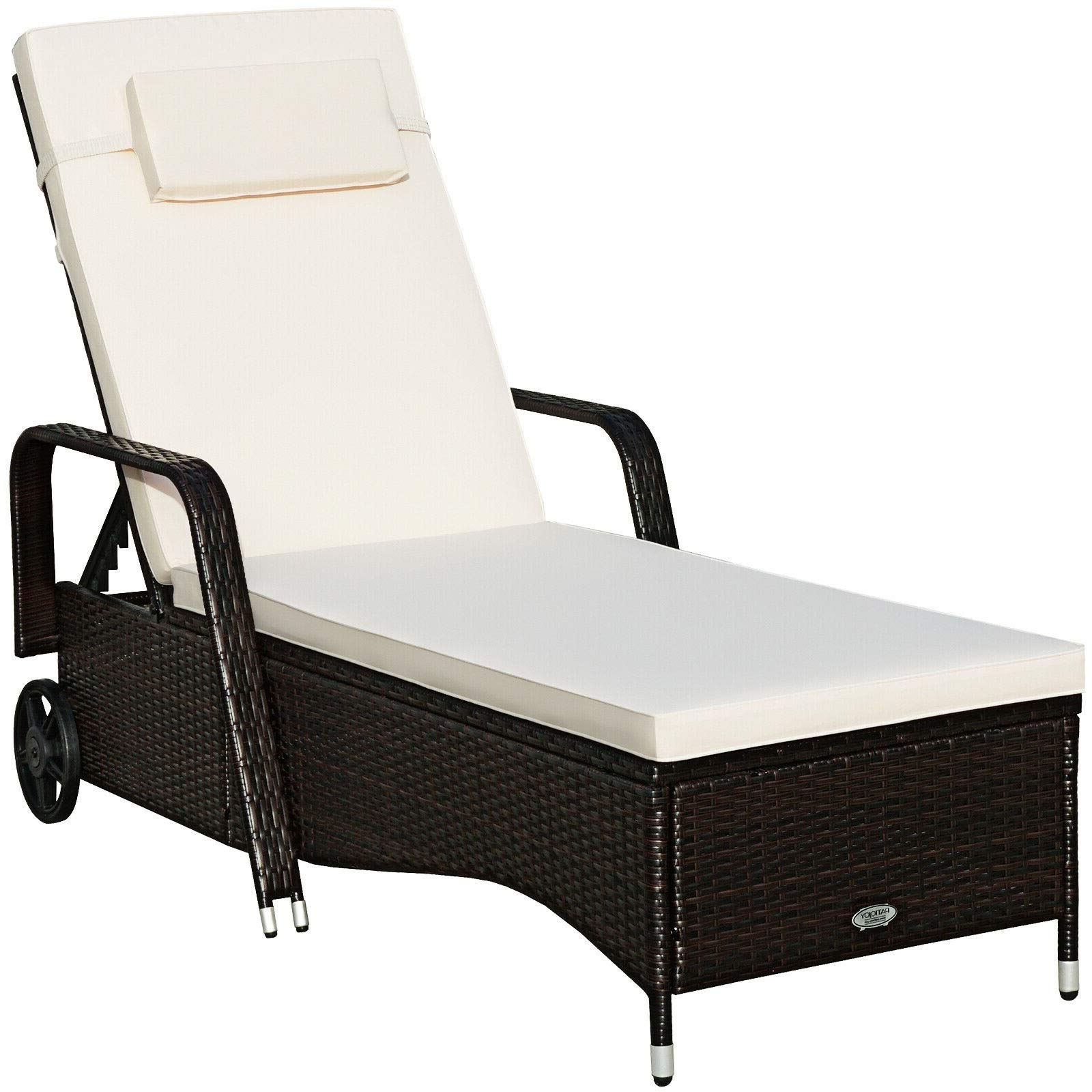 HAPPYGRILL Patio Chaise Lounge Outdoor Rattan Wicker Recliner Lounger Chair with Cushion and Wheels for Balcony Garden Poolside