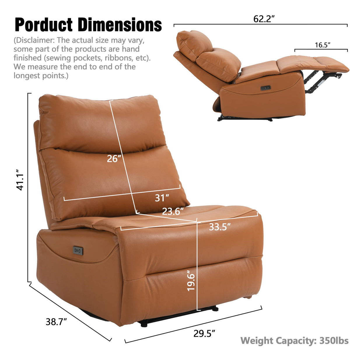 Top Grain Genuine Leather Power Recliner Chair with USB Ports, 33.5" Extra Wide Seat