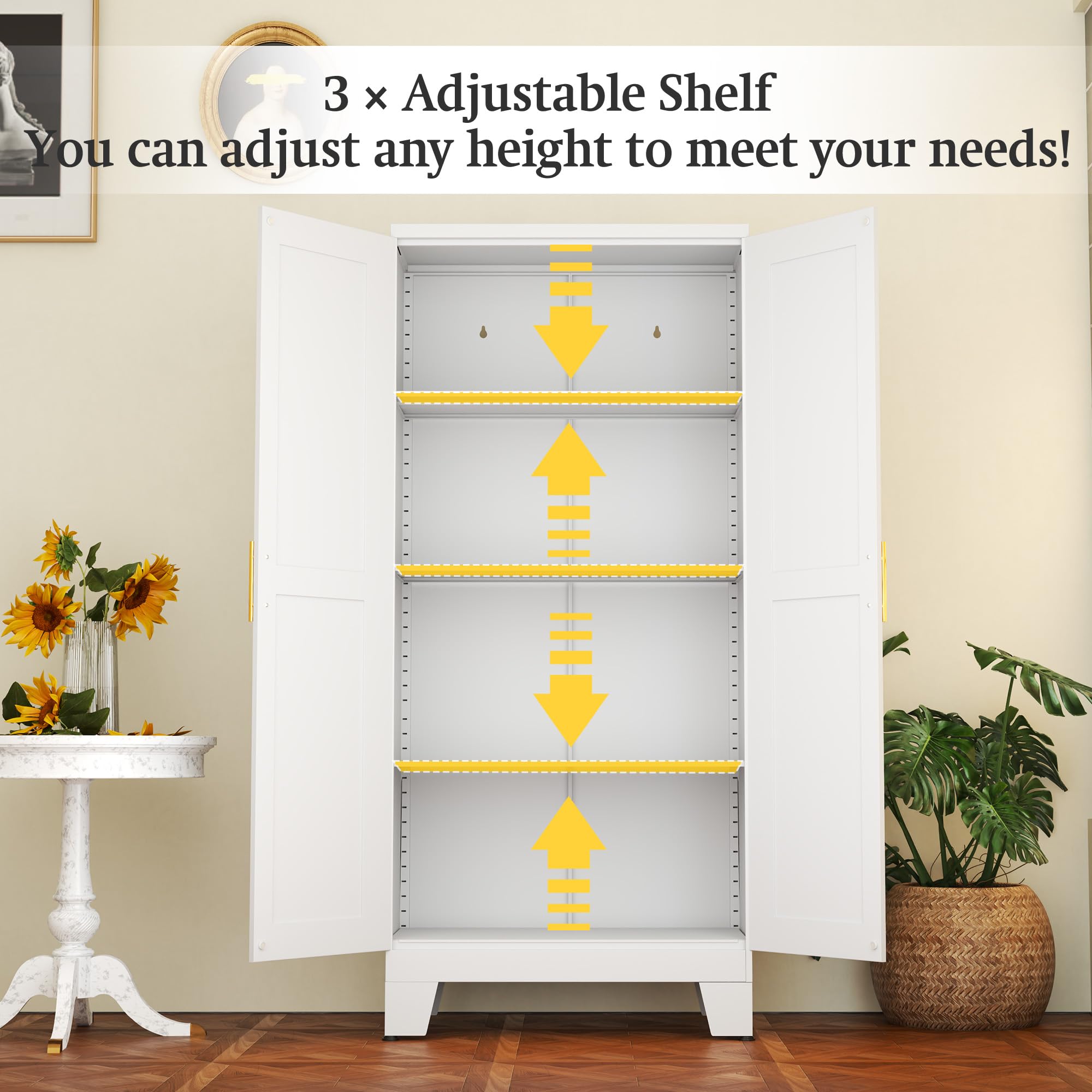 White Metal Storage Cabinet, 61" Steel File Cabinet for Home Office, Kitchen Pantry