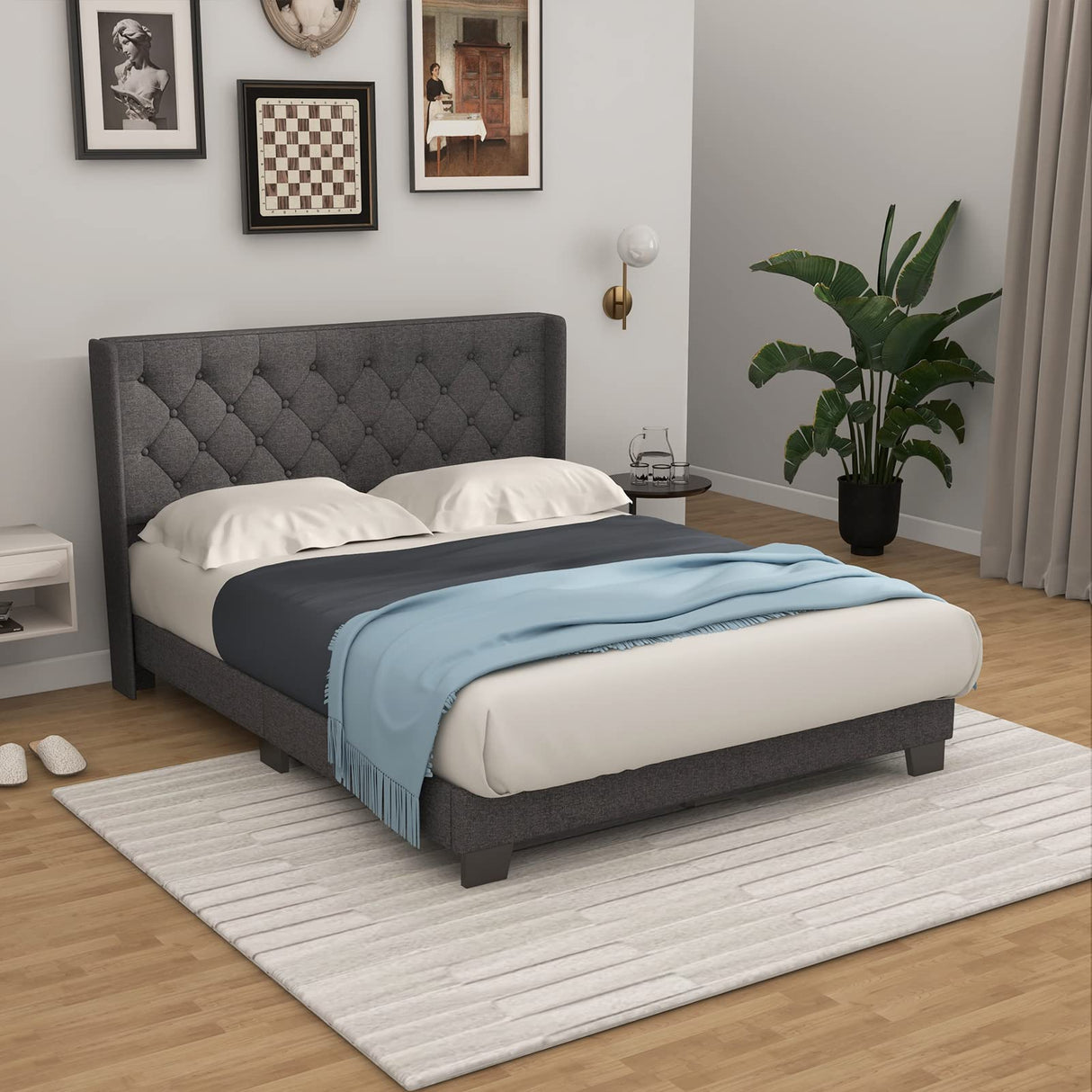 Full Bed Frame with Button Tufted Headboard, Modern Fabric Upholstered Platform Bed