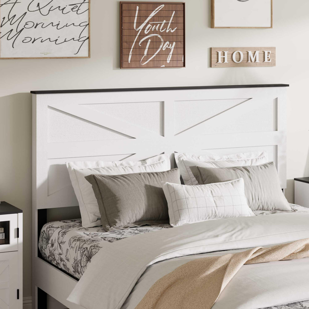 Queen Size Farmhouse Wooden Bed Frame with Headboard - White