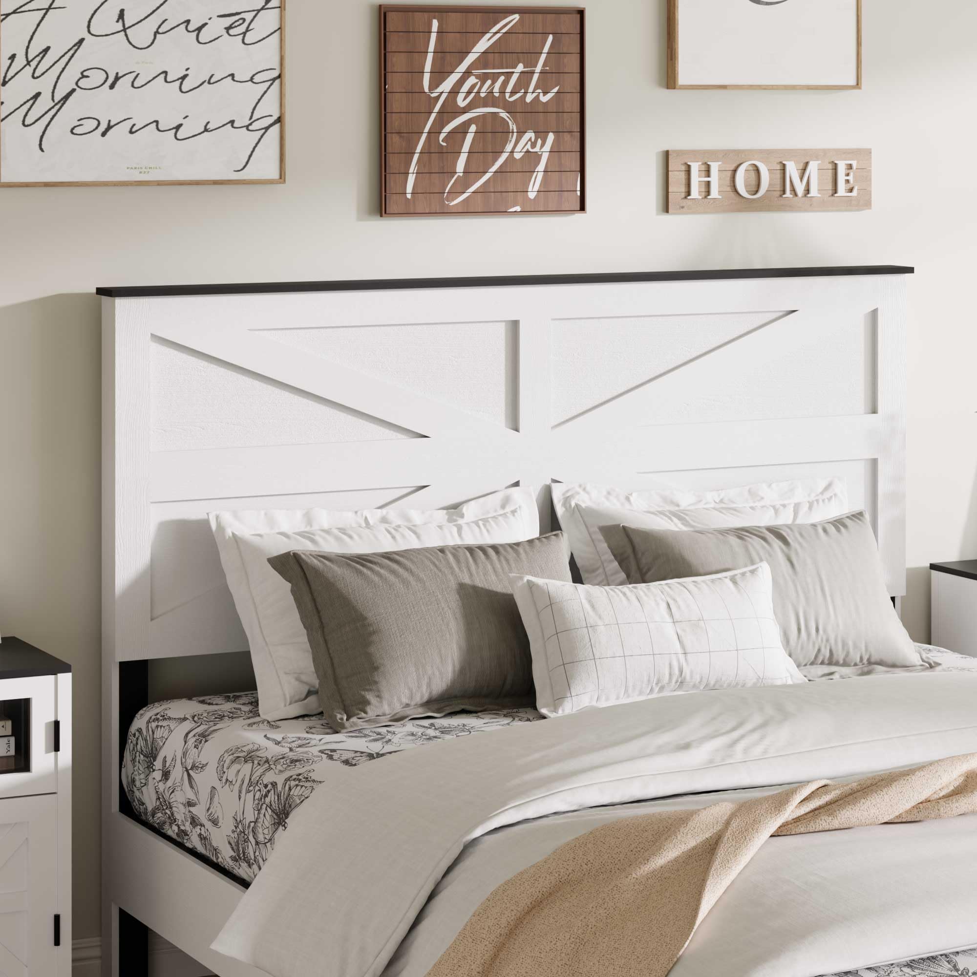 Queen Size Farmhouse Wooden Bed Frame with Headboard - White