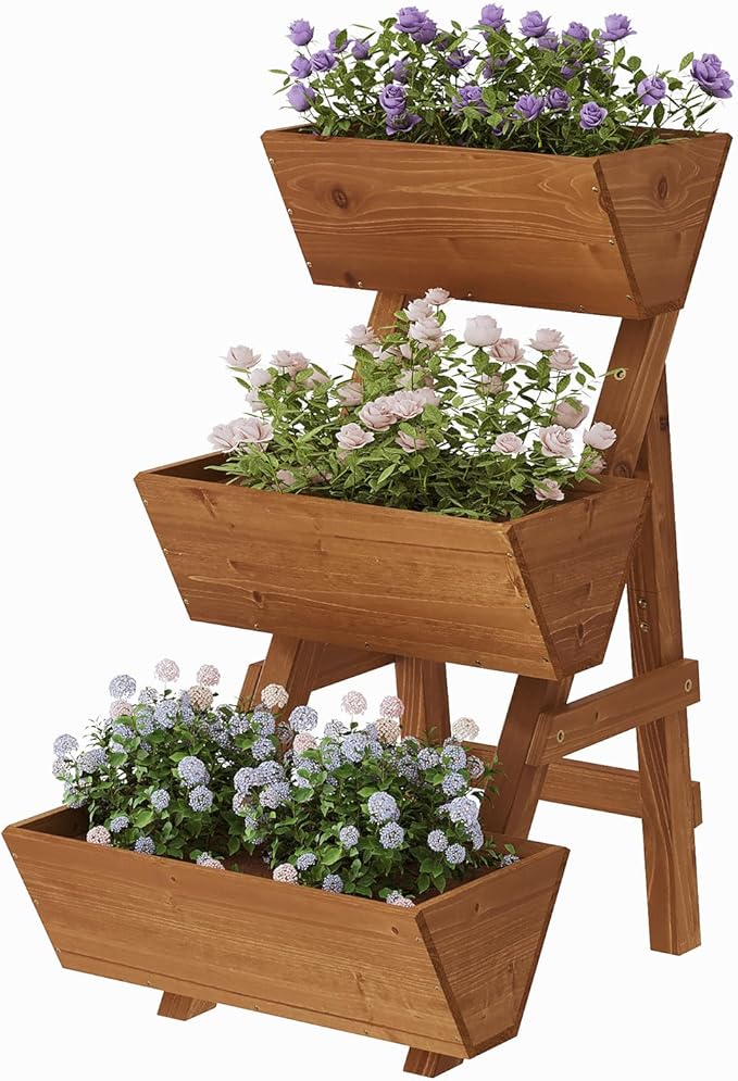 3-Tiers Wooden Raised Garden Bed Tiered Planter Box Vertical Garden Planter Wood Plant Stand
