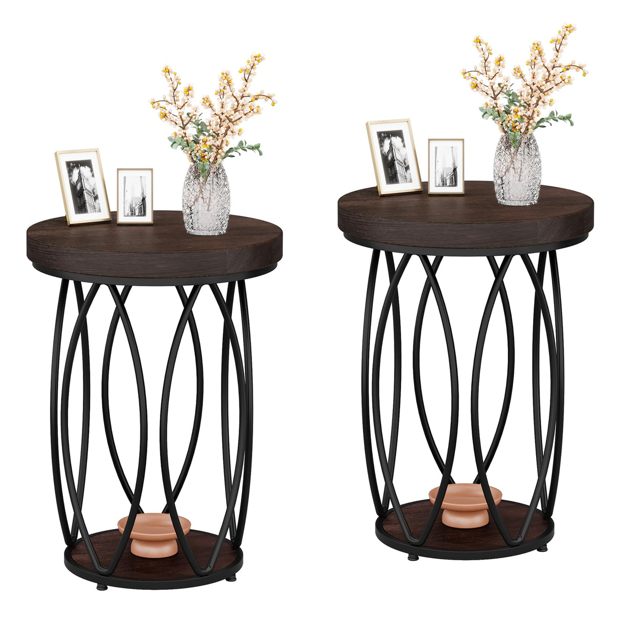 LITTLE TREE Round End Table Set of 2 Small Bedside Table with Metal Frame for Living Room, Bedroom