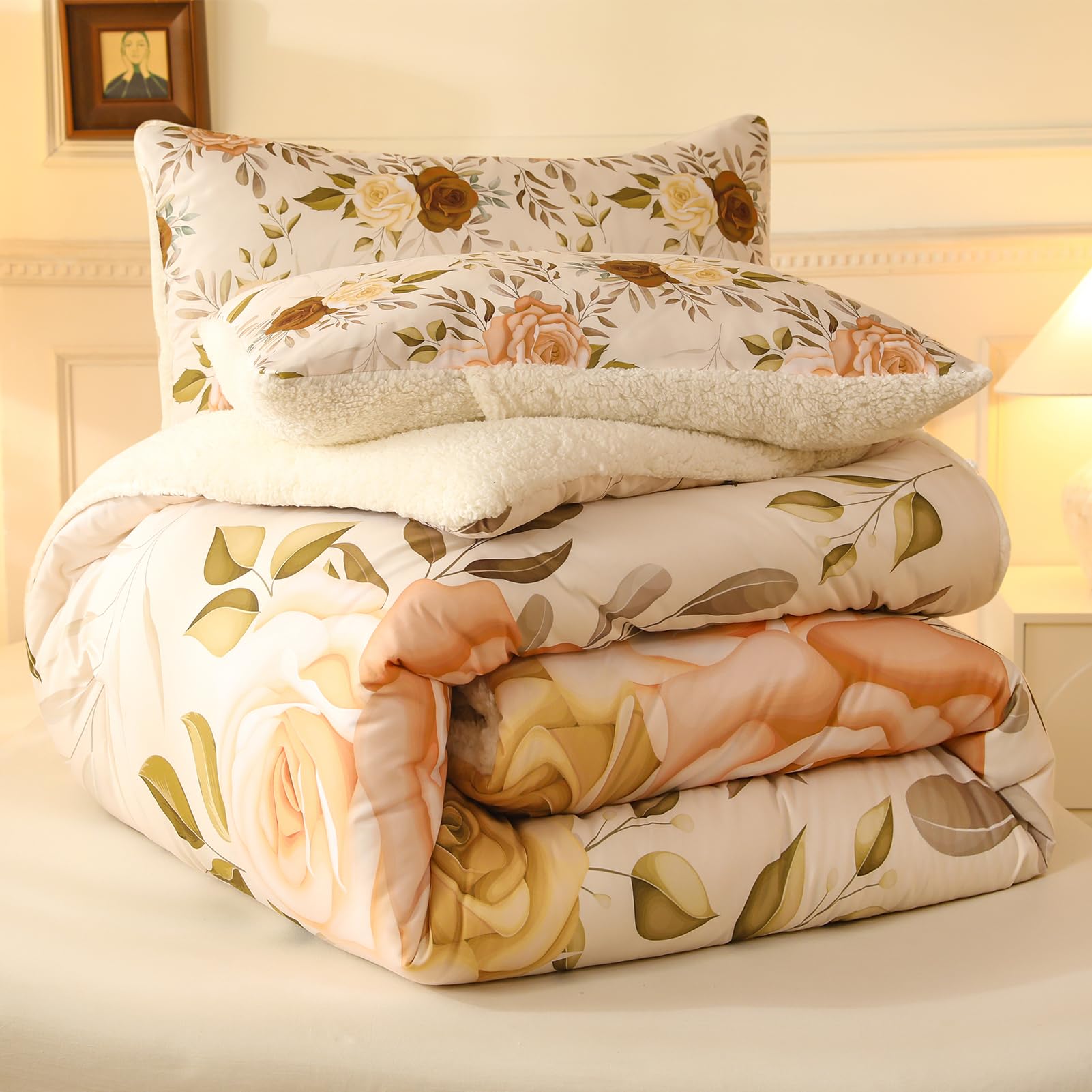 Floral Print Sherpa Comforter Set - Queen Size 3 Pieces Elegant Flowers Botanical Bedding Set Warm Cozy Beige 1 Quilt