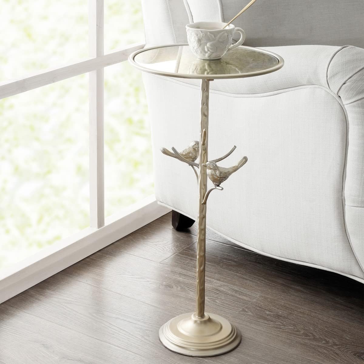 Gold Pedestal Drink Table Glass Top and Birds in Branch, Accent Round End Side Table