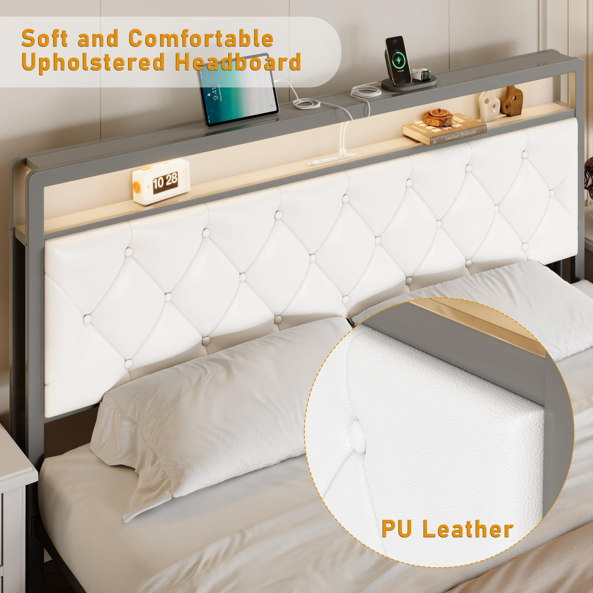 LuxoraGlow Upholstered Bed Frame with LED Headboard, Storage Drawers & USB Charging