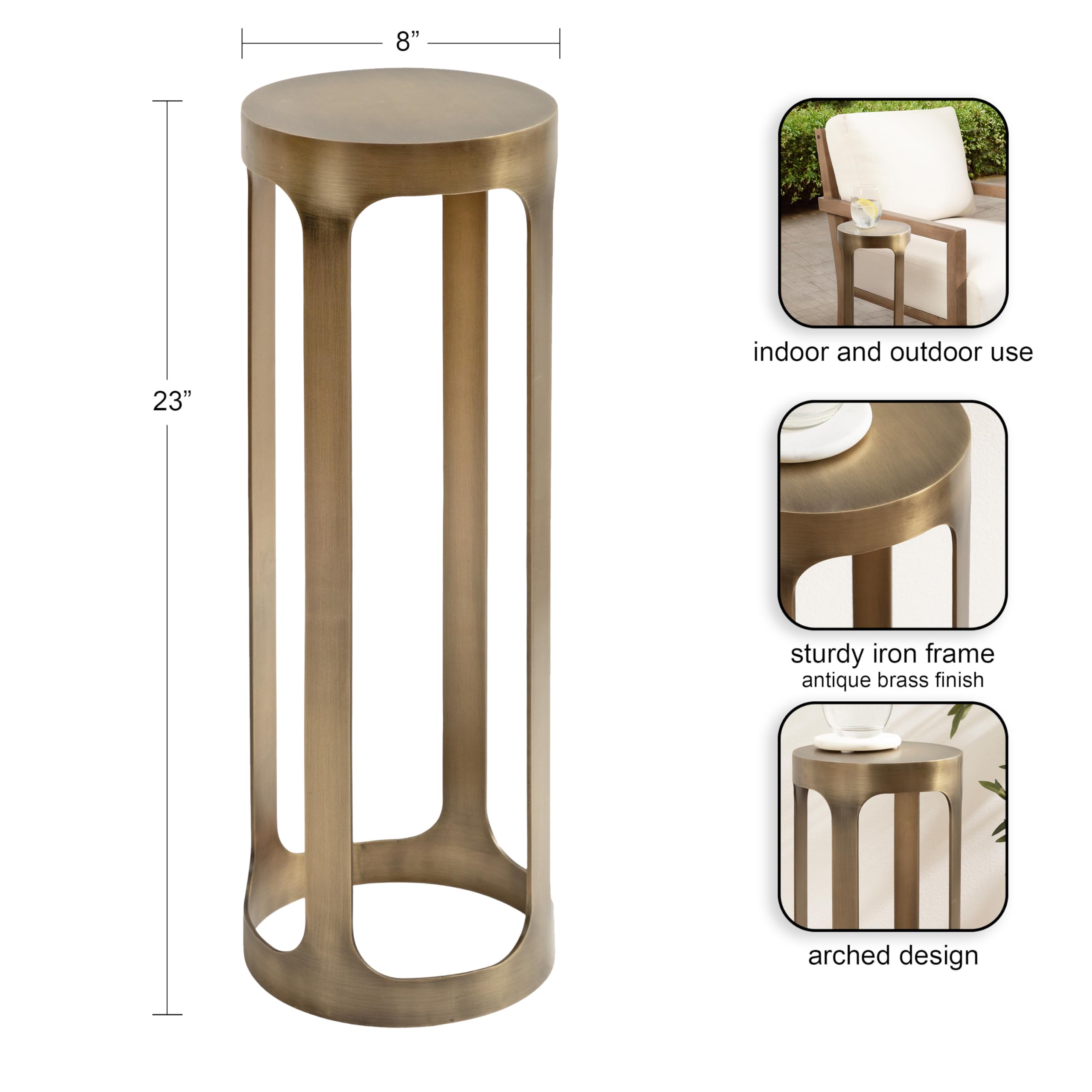 Kate and Laurel Dahl Modern Metal Round Outdoor Drink Table, 8 x 8 x 23, Antique Brass, Circle Accent Pedestal Patio Mini Table for Use as Living Room Plant Stand or Small Bedroom Nightstand