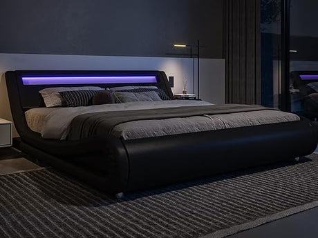 Queen Size LED Platform Bed Frame with Adjustable Headboard