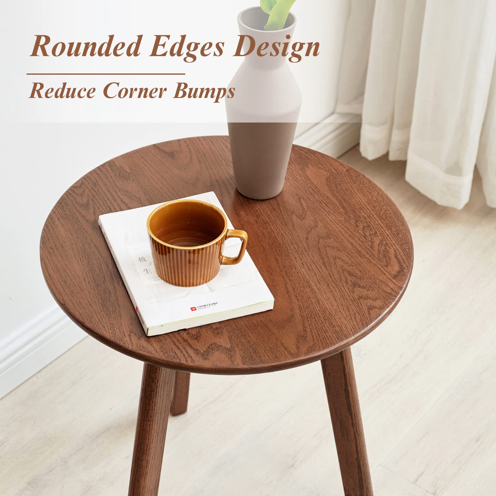 Round Side Table - 100% Natural Solid Oak Wood - 3 Legs Wood End Table for Living