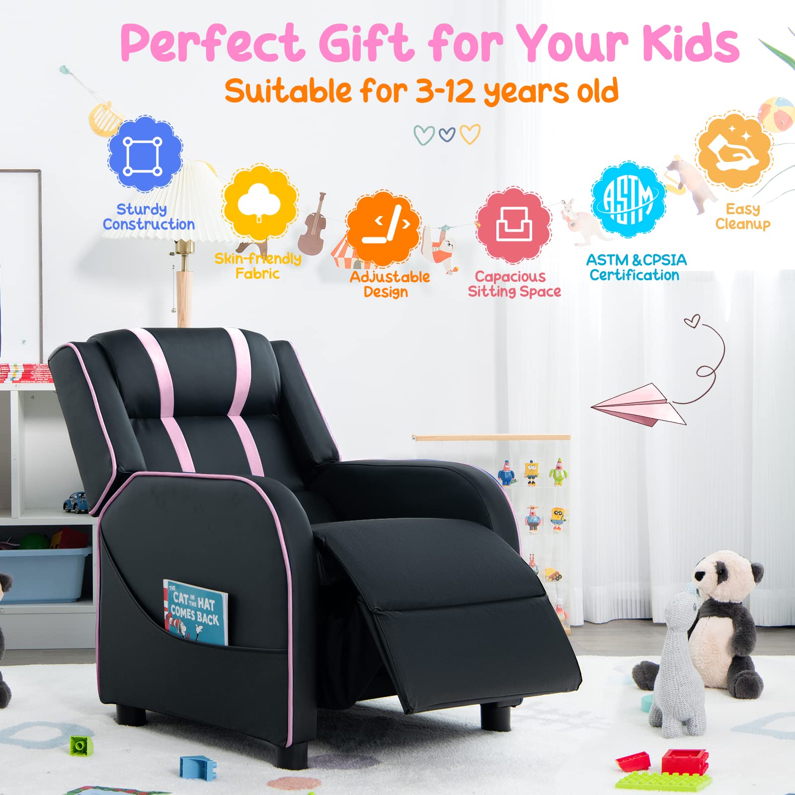 Kids Recliner, Gaming Recliner Chair w/Side Pockets, Footrest