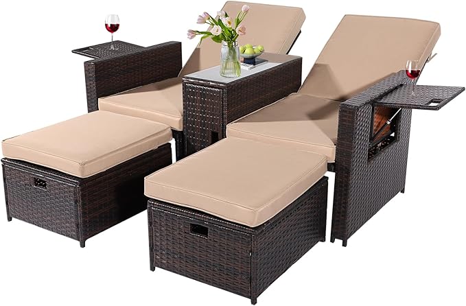 5PCS Outdoor Wicker Chaise Lounge Chair - Rattan Adjustable Reclining Patio Lounge