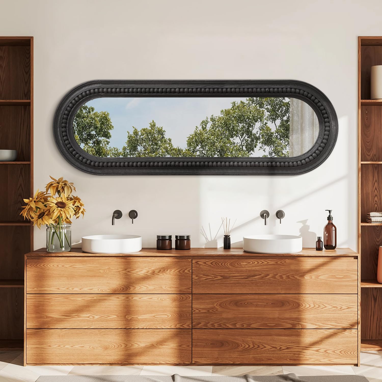 Oval Full Length Mirror with Beaded Wood Frame - 47"x16" Black Wall Mirror