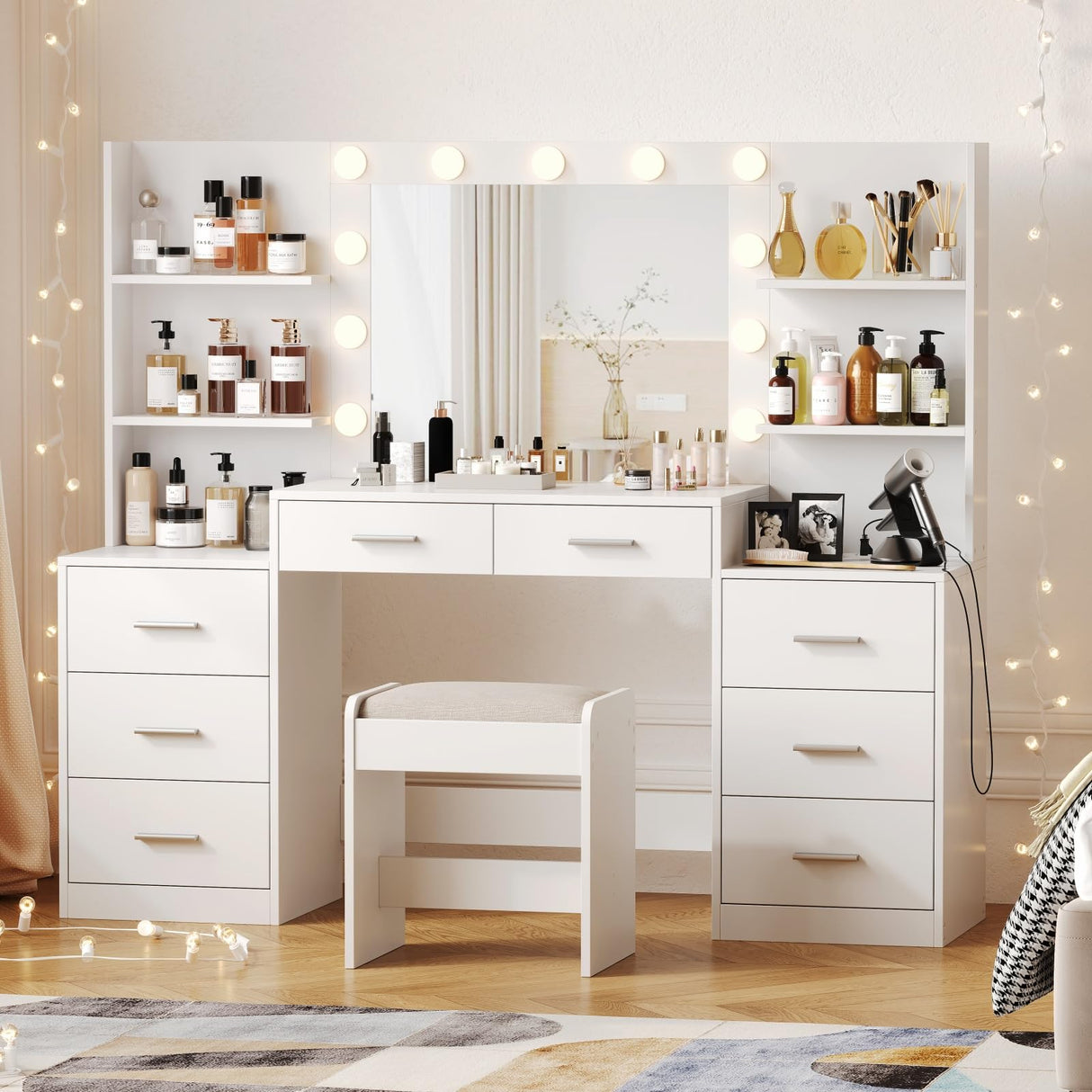 Desk Set with Mirror & Lights, Makeup Vanity with Stool and Charging Station, Makeup Desk with Drawers & Open Storage Shelves, Bedroom Vanity Table Set, White WDT006WD