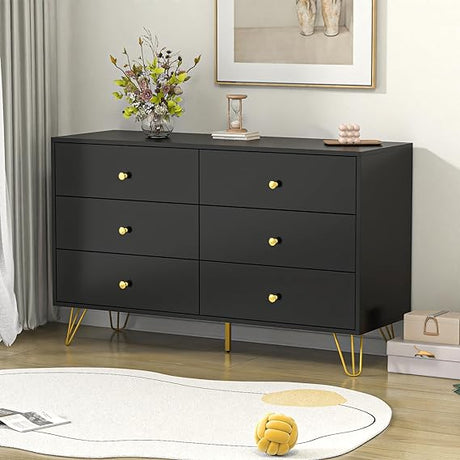 White Dresser for Bedroom, 6 Drawer Dresser with Golden Handles and Golden Legs