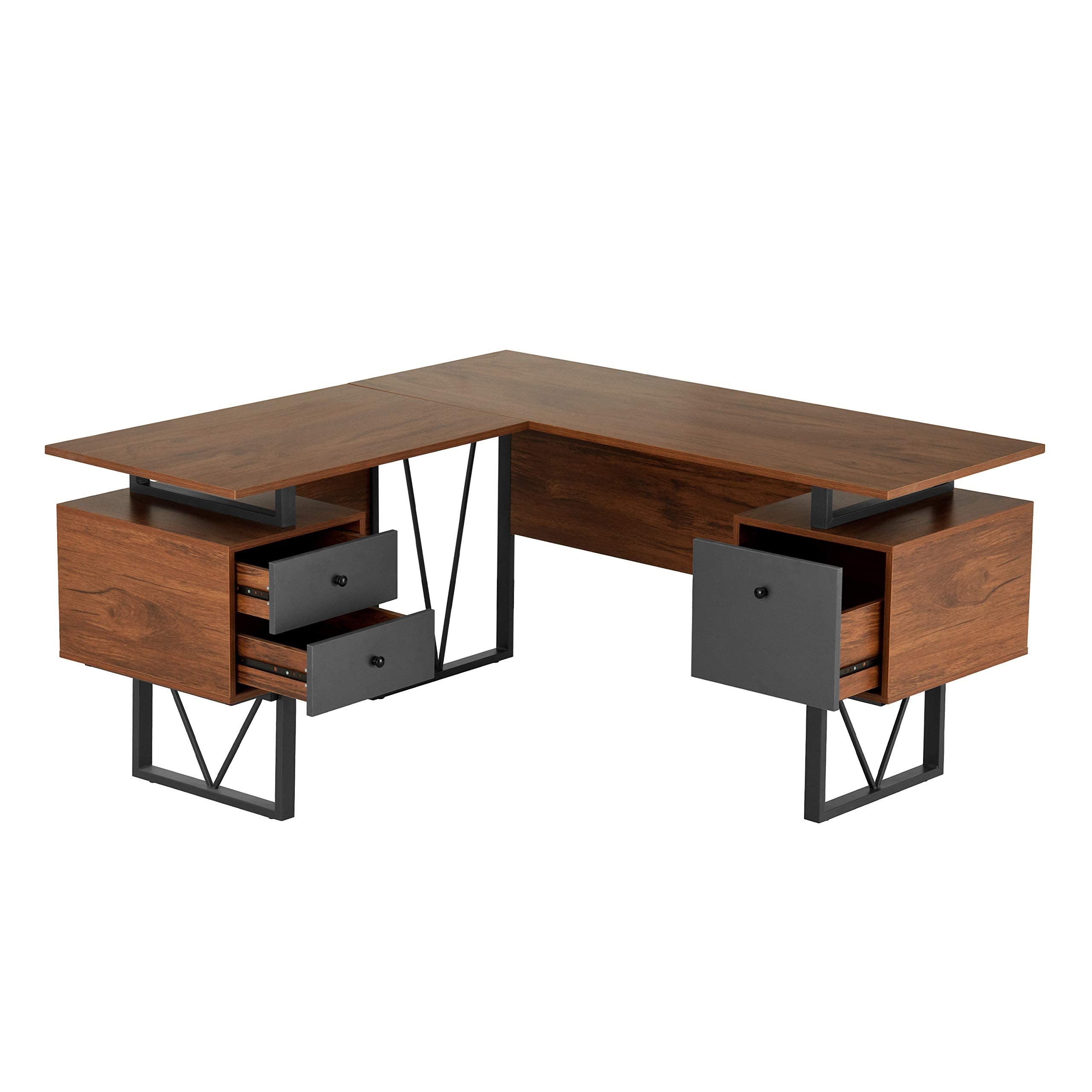 Reversible L Shaped Desk with File Cabinet and Drawers 59” W – Modern Versatile L Shaped Office Desk with Drawers and File Cabinet - Brown