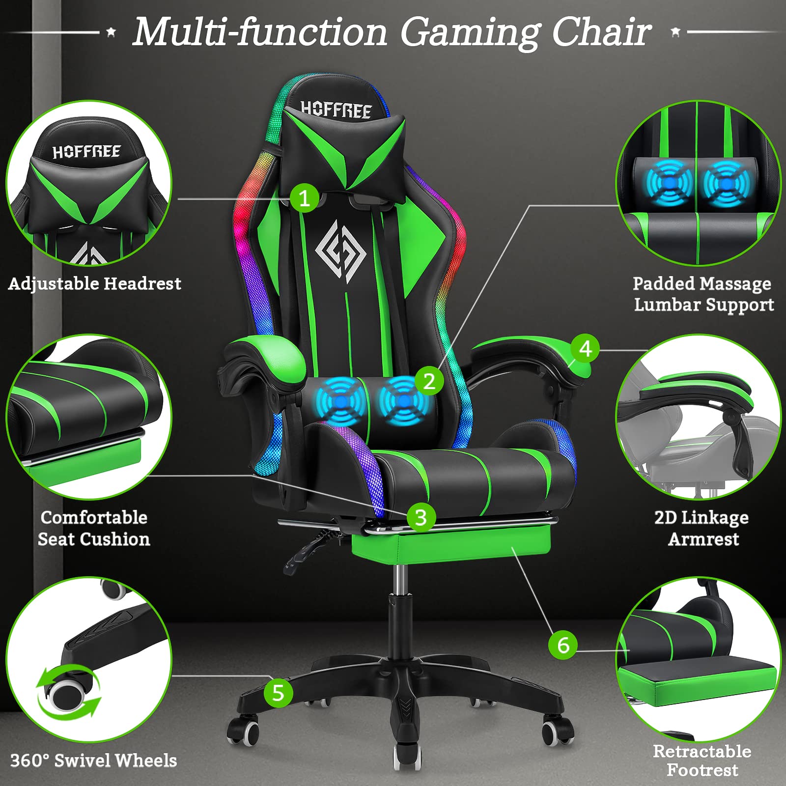 Ergonomic Gaming Chair with Massage, Bluetooth Speakers & LED Lights