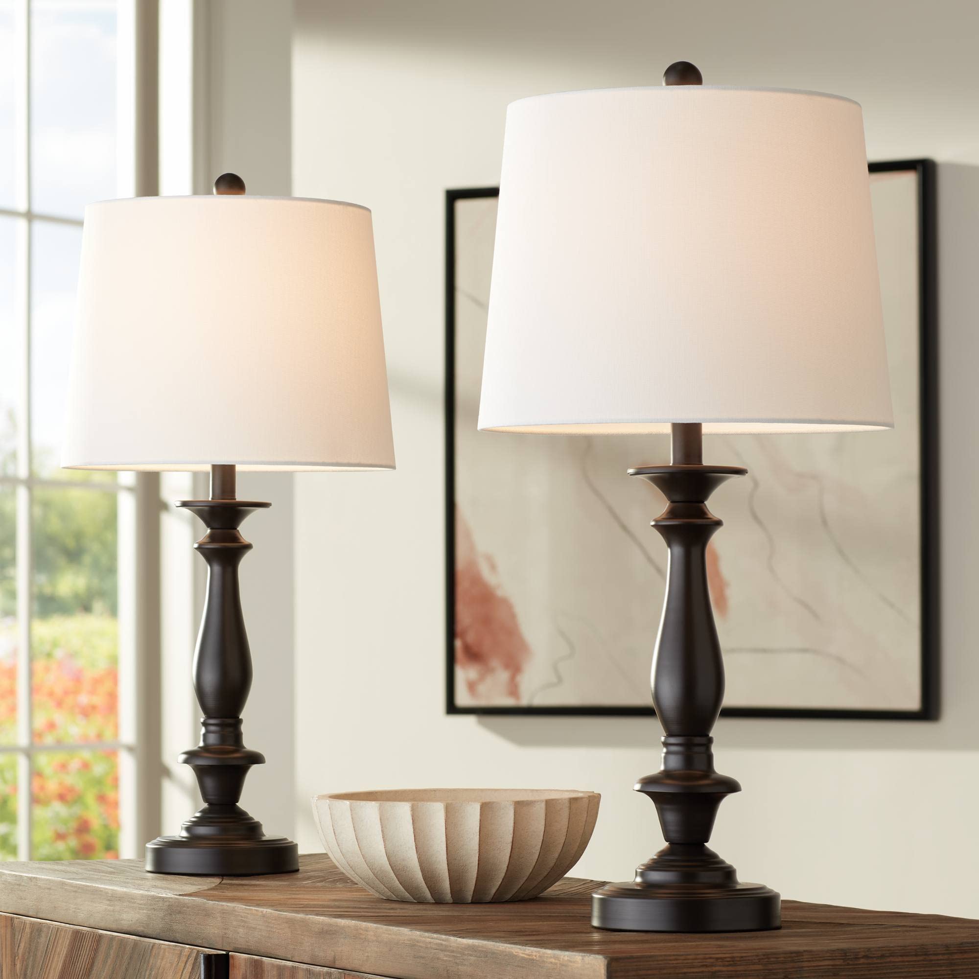 Traditional Table Lamps Set of 2 - 26" Dark Bronze Candlestick with White Drum Shade