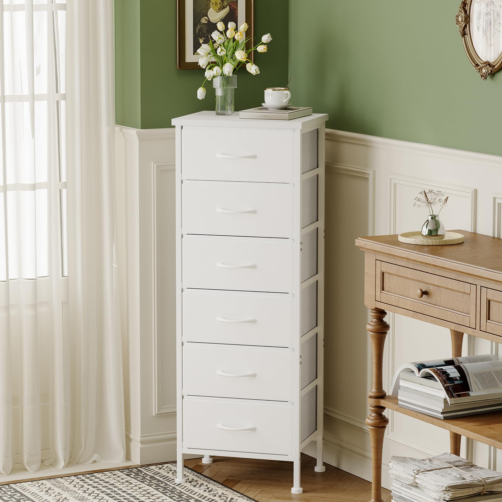 White Tall Dresser for Bedroom, Storage Dresser Organizer with 6 Fabric Drawers