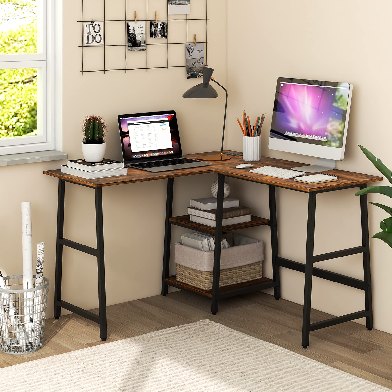 L Shaped Desk with Storage and Monitor Stand, Industrial Home Office Computer Desk