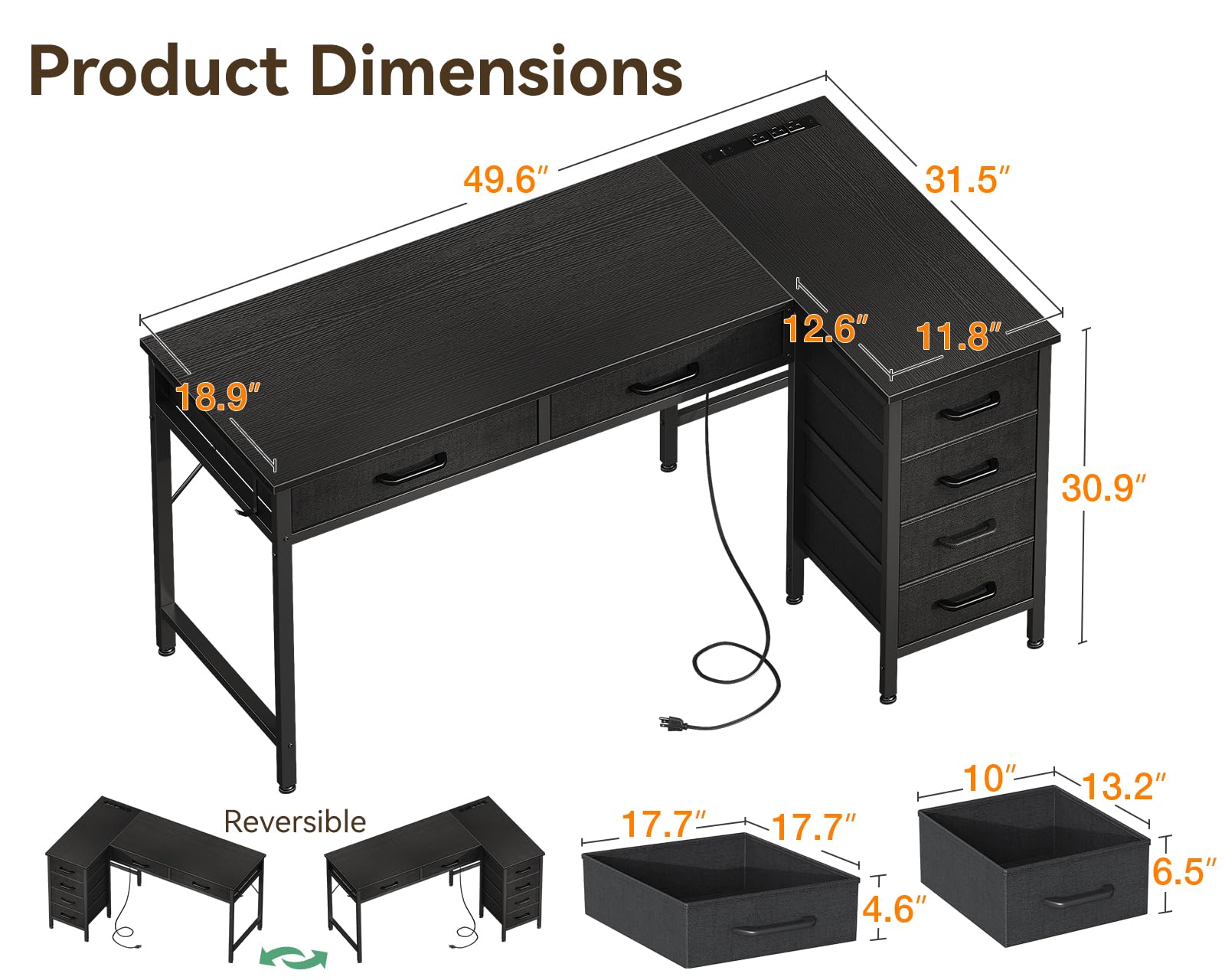 50 Inch L Shaped Desk with Drawers, Computer Desk with Power Outlets