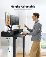 HUANUO 48″ x 24″ Electric Standing Desk with 2 Drawers, C-Clamp Mount Compatible, Height Adjustable Computer Desk, Home Office Stand Up Desk with 4 Preset Heights & 2 Hooks, Black