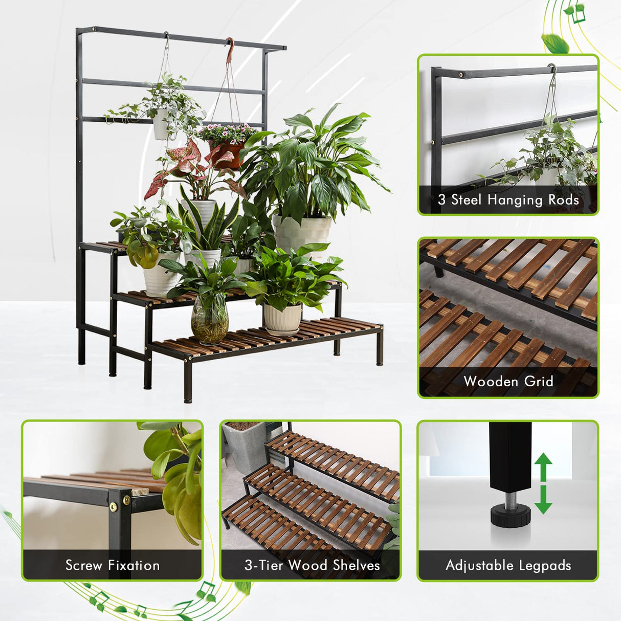 NANKINGFANGAO 3 Tier Indoor Plant Stand, Tall Plant Stand Outdoor Ladder Wood Plant Shelf with Metal Frame, For Terrace Garden Balcony Courtyard Bedroom Living Room Storage