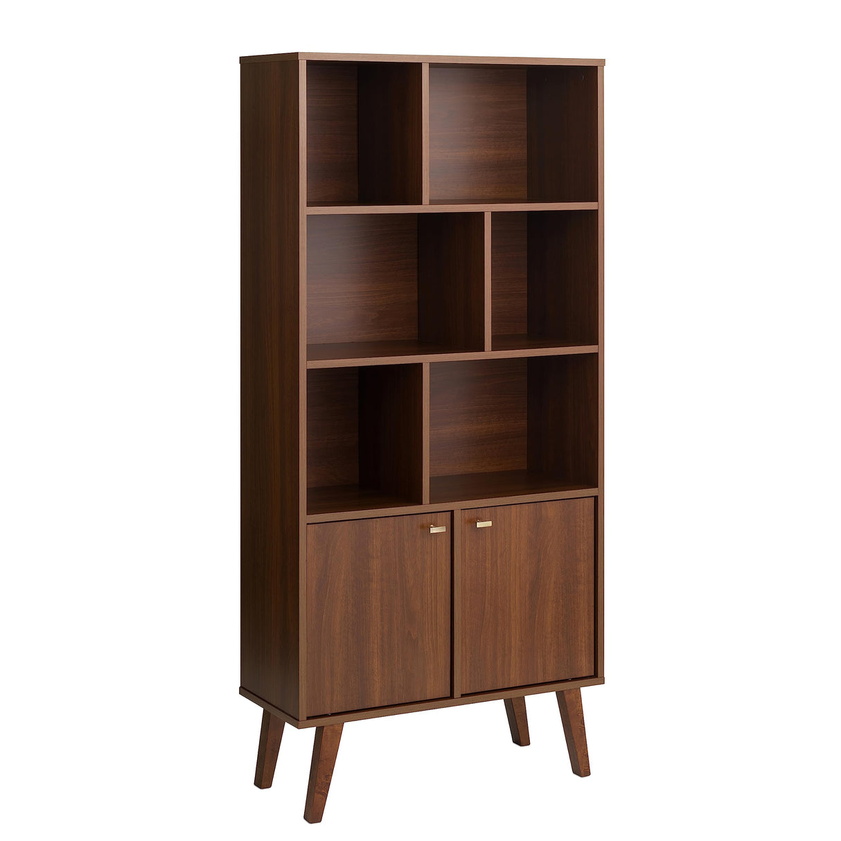 Mid-Century Modern Bookcase with Six Shelves, Two Doors, and Brushed Brass-Finished