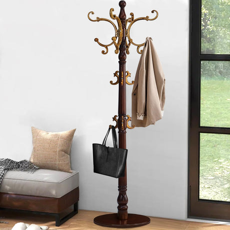 Coat Rack Freestanding, Wooden Coat Tree with Stable Round Base