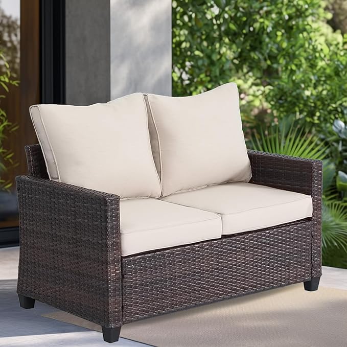 Patio Loveseat,All-Weather Wicker Loveseat with Cushions