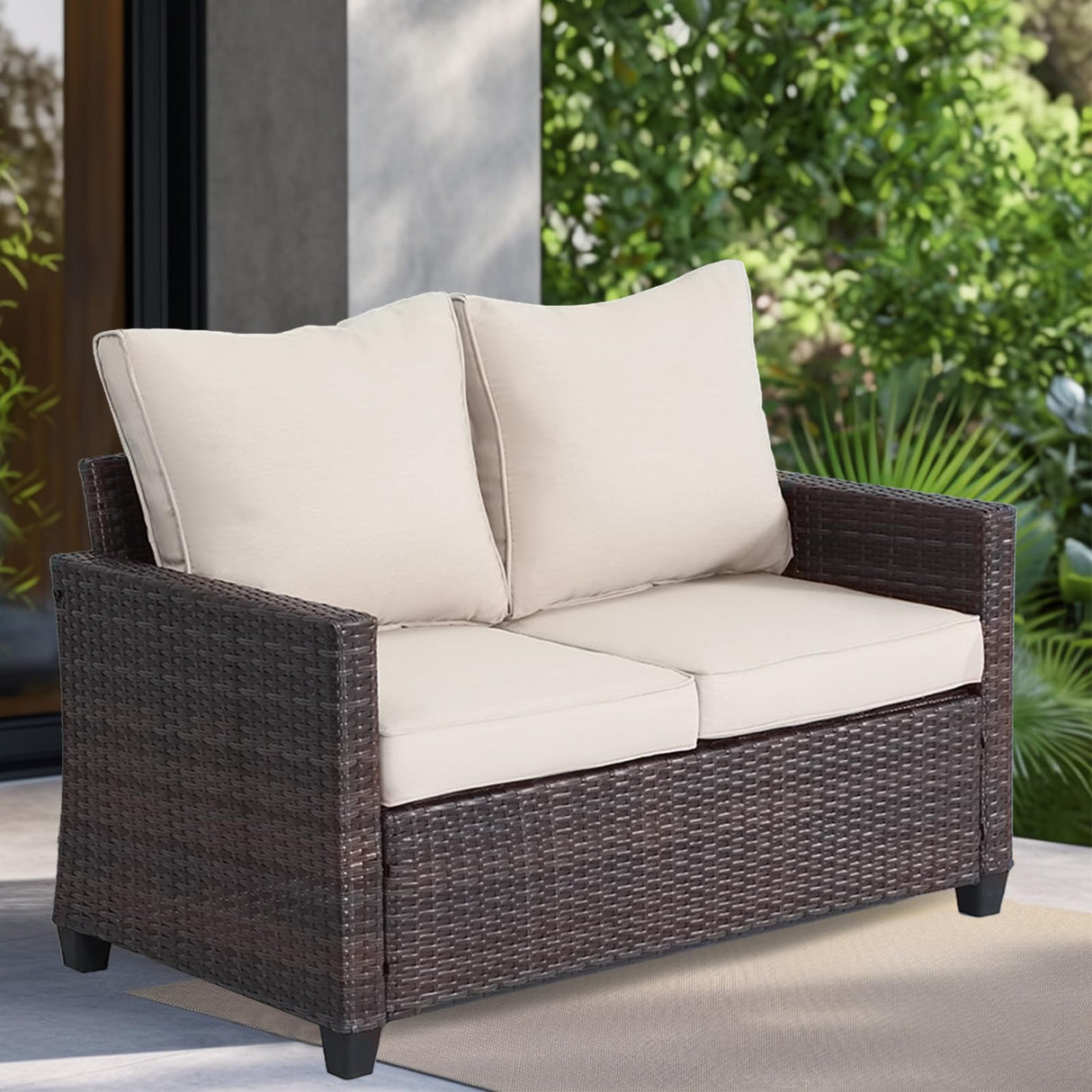 Outdoor Patio Loveseat,All-Weather Wicker Loveseat with Cushions – Rattan