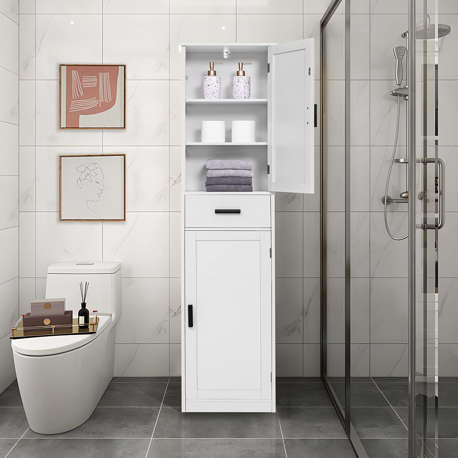 67“ Tall Bathroom Cabinet, Storage Cabinet with 4 Shelves & 2 Doors, Narrow Storage